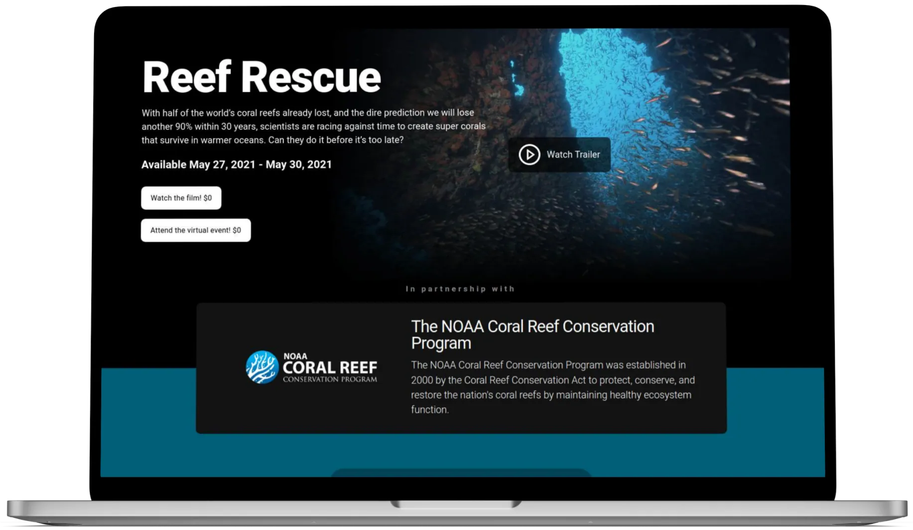 Reef Rescue website on laptop.